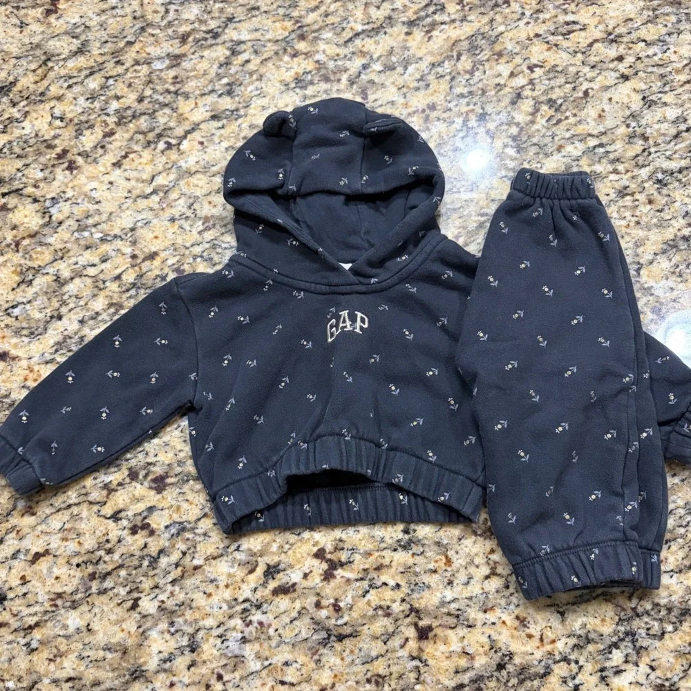 Baby Gap Floral Cropped Hoodie and Jogger Set Gray Bear‎ Ears 6-12 Months